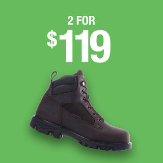 A dark brown lace-up work boot shown on a green background with a price '2 FOR $119'.