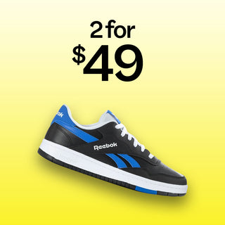  Black, blue, and white Reebok sneaker with “shop 2 for $49” text.