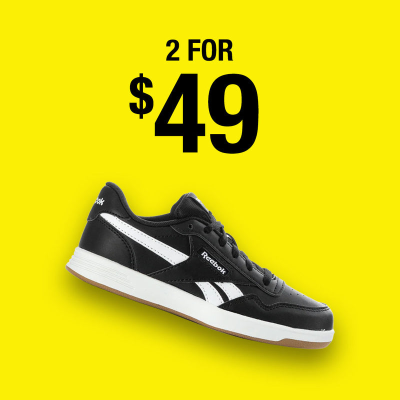 A single Reebok sneaker shown in black and white, positioned below a price that reads '2 FOR $49' on a bright yellow background.