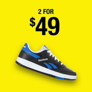 A single Reebok sneaker in black, white and blue, positioned below a price that reads '2 FOR $49' on a bright yellow background. 