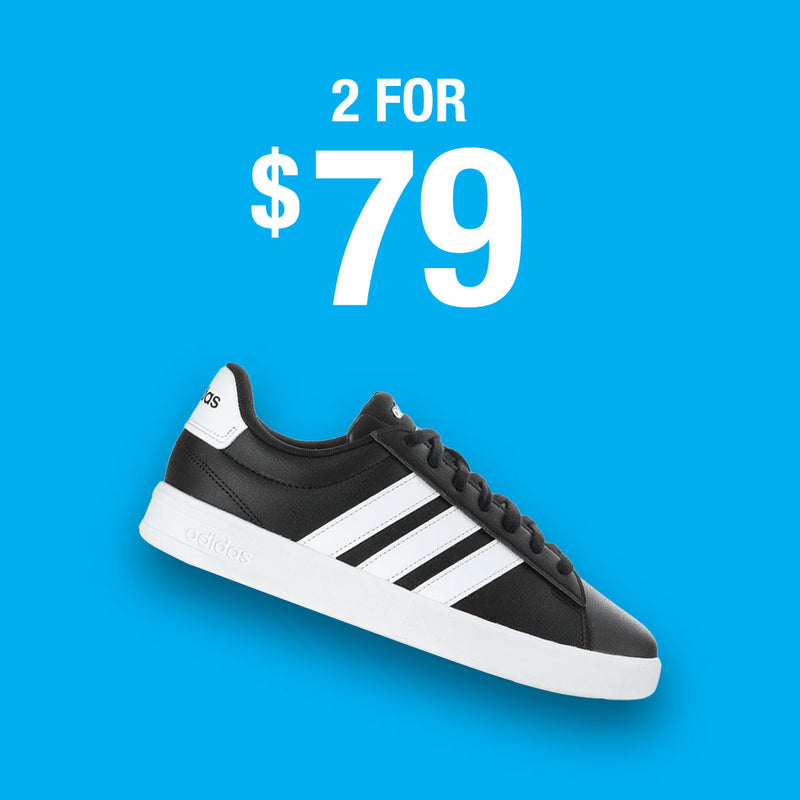 A single black and white Adidas sneaker shown on a bright blue background, with a price above it reading '2 FOR $79' in white text.