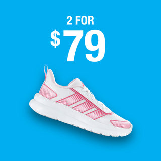 A single white and pink Adidas sneaker shown on a bright blue background, with a price above it reading '2 FOR $79' in white text.