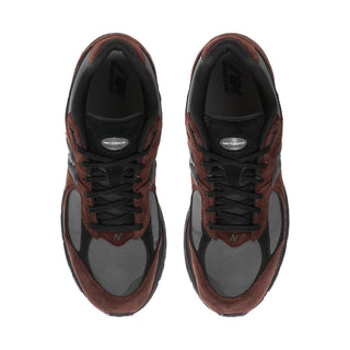 Men's sneakers, front view, dark brown suede with gray mesh and black lace-up