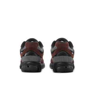 Men's sneakers, back view, black heel with dark brown suede overlays