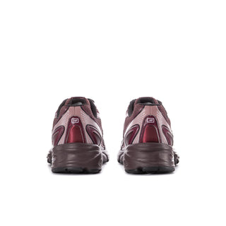 Women’s running shoes, heel view: burgundy uppers with dark heel and side panels