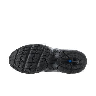 Women's New Balance black outsole with tread pattern and blue accent logo