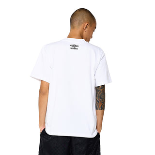 Men's white graphic T-shirt with Umbro logo on back collar