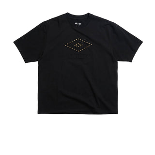 Men's black graphic logo T-shirt with studded eye-shaped patch on chest