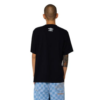 Men's black Umbro logo T-shirt, back view with small chest logo