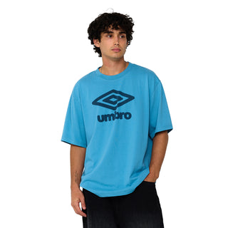 Men's athletic jersey tee in turquoise blue with Umbro chest logo; worn by model