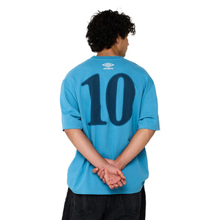 Men's athletic jersey tee, turquoise blue with large "10" Umbro logo on back