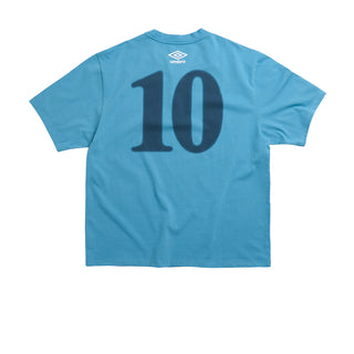Men's athletic jersey tee, turquoise blue, back view with large "10" print