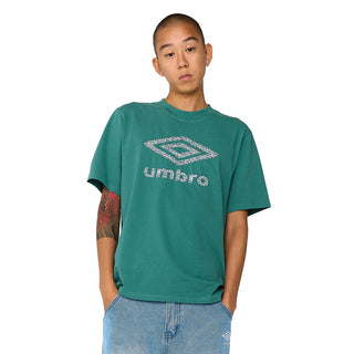 Men's teal athletic T-shirt with Umbro graphic logo at chest, crew neck.