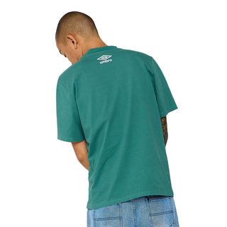 Men's teal athletic T-shirt with Umbro logo on back, crew neck.