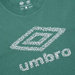 Men's teal athletic T-shirt with white Umbro pitch logo graphic, crew neck.