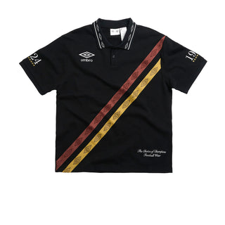 Black men’s athletic polo shirt with Umbro logo and diagonal red-yellow stripe