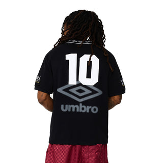 Black men’s polo shirt back with large white '10' and Umbro emblem