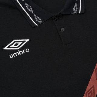 Black polo collar and button placket with Umbro logo and patterned trim