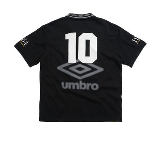 Black men’s polo shirt back with large white '10' Umbro emblem graphic