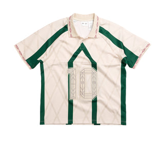 Men's off-white and green collared athletic jersey with short sleeves and graphic print