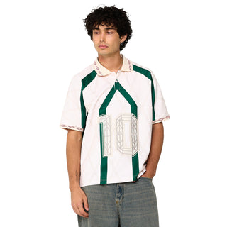 Men's off-white collared athletic jersey with green center stripe and chest graphic