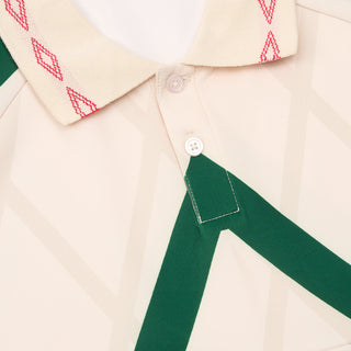 Off-white collared jersey with red stitch detail and button placket