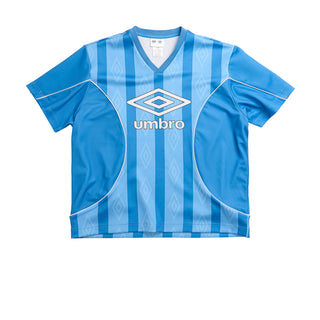 Men's blue athletic soccer jersey with V-neck and Umbro logo at center