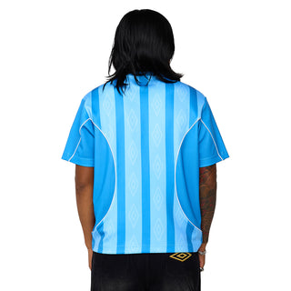 Men's blue striped soccer jersey back view with V-neck seam and short sleeves