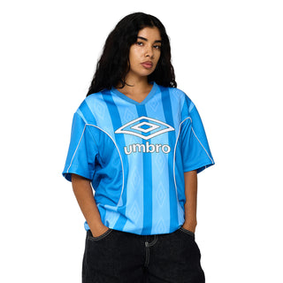 Men's blue striped soccer jersey with Umbro crest and V-neck, short sleeves