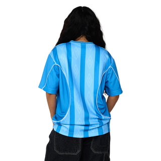 Men's blue striped soccer jersey back view with white-trim side panels