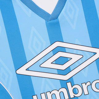 Umbro logo on blue striped jersey chest panel
