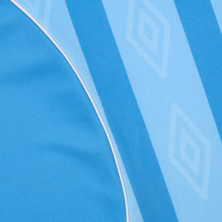 Blue striped jersey fabric panel with light pattern and white edge trim