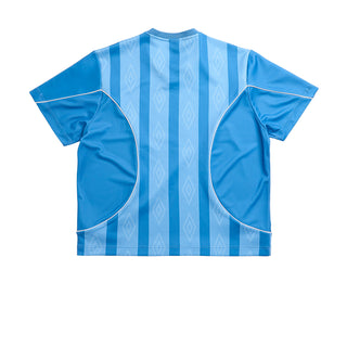 Men's blue striped soccer jersey with V-neck and white trim, front view