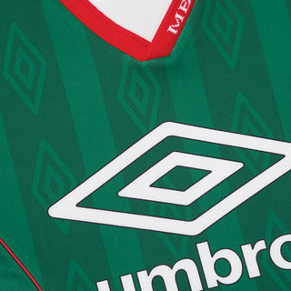 Green jersey close-up with Umbro logo and red-trim V-neck