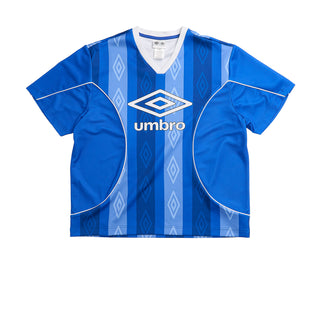 Blue soccer jersey for men with V-neck, Umbro logo, and vertical striped pattern