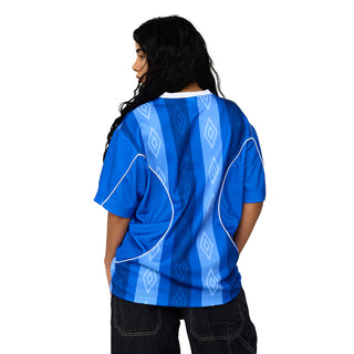Blue soccer jersey for men, back view, V-neck and vertical pattern stripes