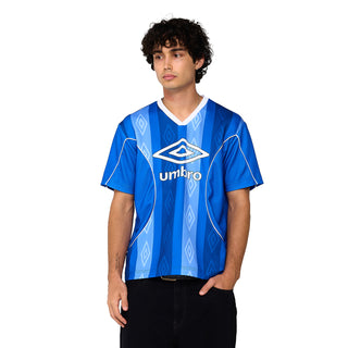 Blue soccer jersey for men with V-neck and Umbro logo, short sleeves