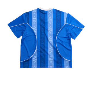 Blue soccer jersey for men, V-neck and vertical striped pattern with Umbro logo