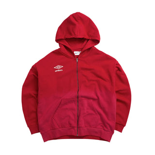 Men's red zip-front hoody with Umbro logo, hood, and kangaroo pocket