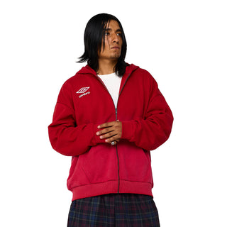 Men's red zip-front hoody with hood and Umbro logo on chest, worn