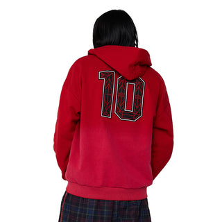 Men's red zip-front hoody with large back graphic, hood, and full-length sleeves