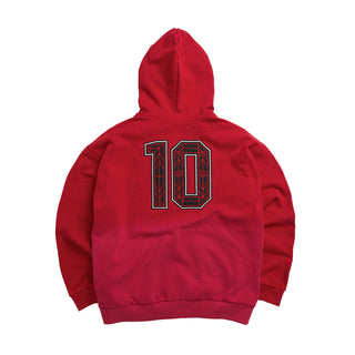 Men's red zip-front hoody back view with large '10' graphic and hood