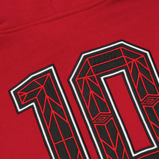 Men's red hoody close-up of large '10' graphic print with outlined details