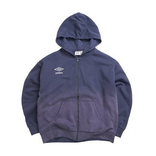 Mens dark blue zip-front hoodie with hood, kangaroo pockets, and Umbro logo