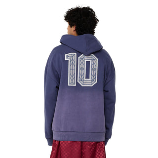 Mens dark blue zip hoodie with large back graphic; hooded with kangaroo pockets