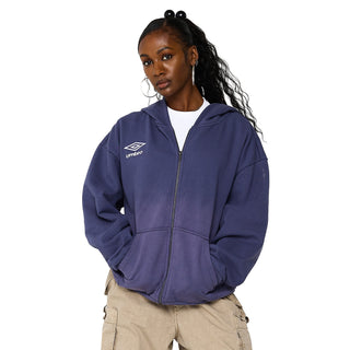 Mens dark blue Umbro zip-front hoodie with hood; full front view and pockets