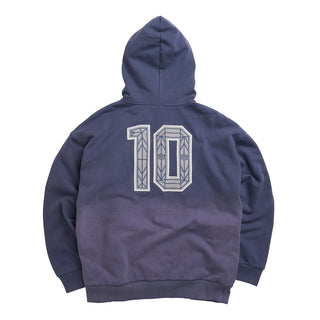 Mens dark blue zip-front hoodie with large back number graphic and hood