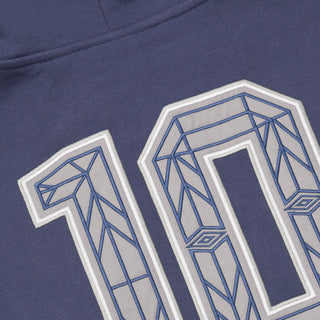 Close-up of dark blue hoodie back graphic with large number detail