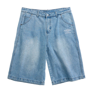Light blue denim carpenter shorts with button waistband and front patch pockets