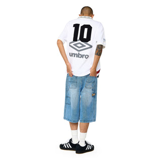 Light blue denim carpenter shorts back view, logo patch and belt loops